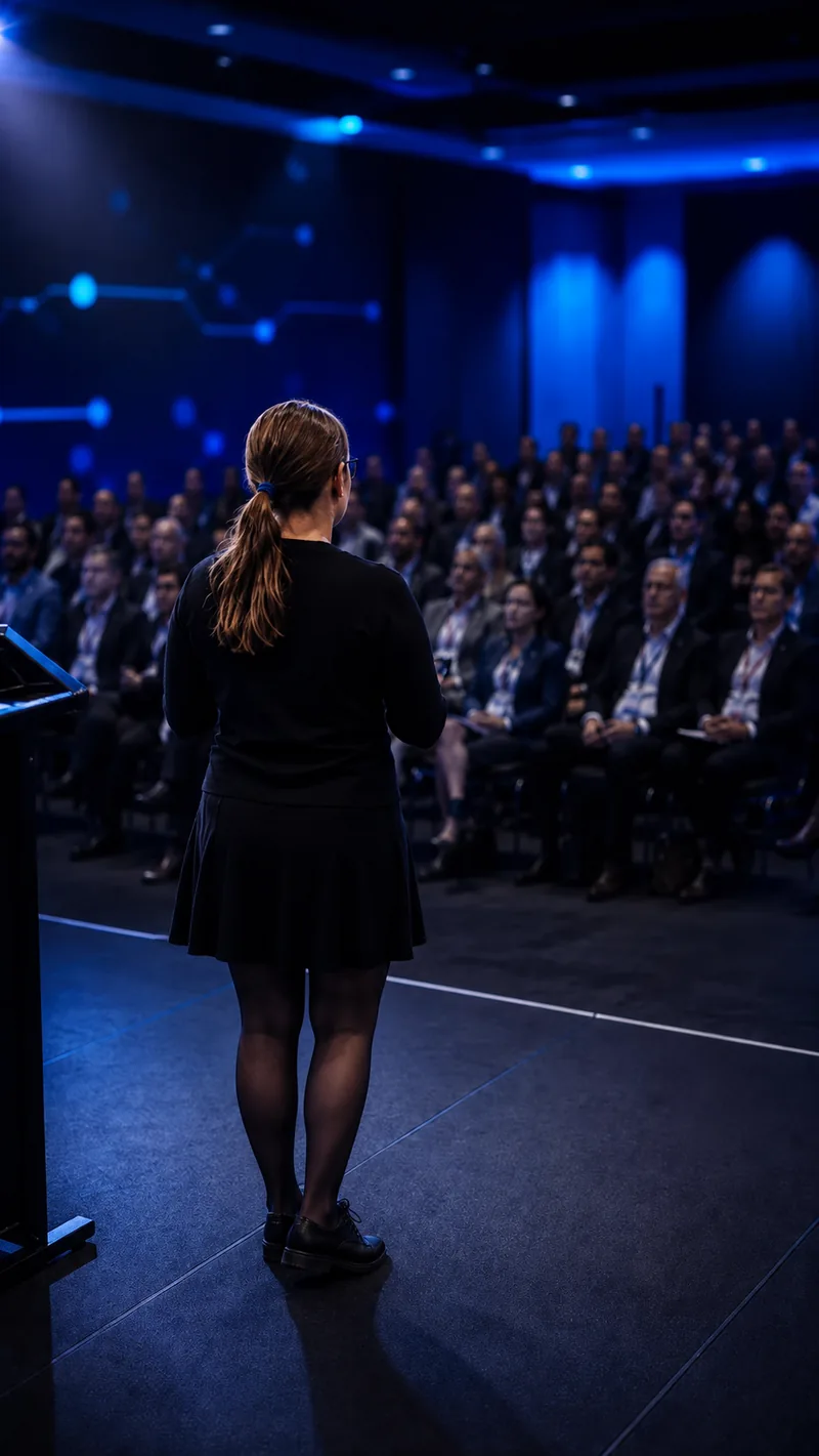 The founder of Allergy Aware on stage, seen from behind, speaking to an audience in a conference room.
